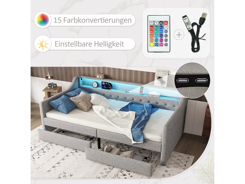  Lit banquette 90x200 canapé lit en lin gris avec sommier à lattes led et port usb  - Conforama D