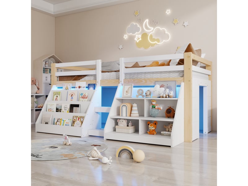 Lit surélevé 90 x 200 cm avec led via application et rangements ouverts, lit simple en pin blanc et naturel avec garde-corps et échelle - Conforama C