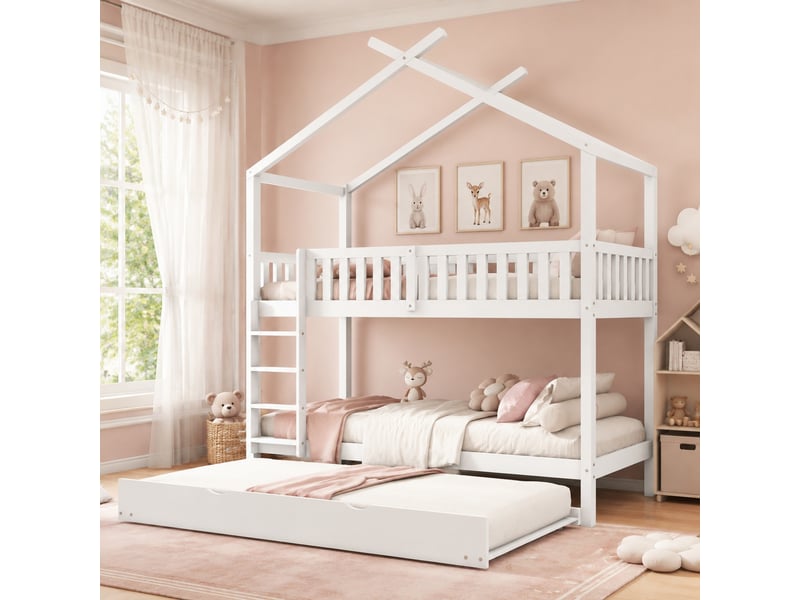  Lit superposé cabane enfant 90x200 cm avec lit gigogne blanc  - Conforama C