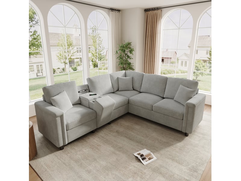  Canapé d'angle tcqpz 5 places 235 x 208 x 83 cm avec rangement usb type-c liseuse chenille gris clair  - Conforama B