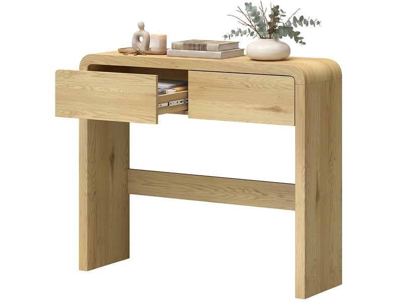  Table console avec 2 tiroirs, console meuble, 100 x 30 x 85 cm, coins arrondis et plateau épais, bois naturel  - Conforama B