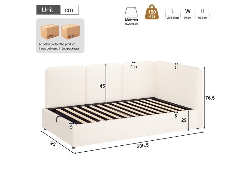 Lit enfant lit simple 90x200 cm avec coffre hydraulique, banquette lit réversible, tissu bouclé, beige OPULERANE TRADING LTD - Conforama C