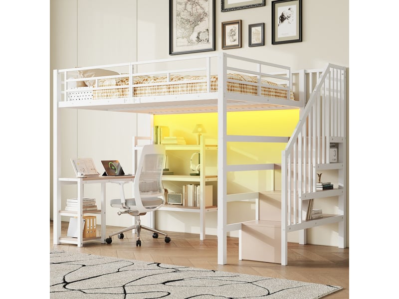 Lit mezzanine en métal 140x200 cm - avec bureau et échelle de rangement - port usb et éclairage led - blanc (sanas matelas)  - Conforama E