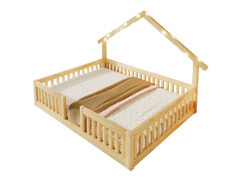  Lit maison 140x200 cm, bois naturel, équipé de guirlande led, de lit au sol et de barrières de sécurité, sans matelas  - Conforama A