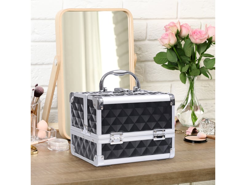  Mallette à maquillage rangement à 3 niveaux avec miroir verrouillage avec 2 clés dim. 20l x 15l x 15h cm noir  - Conforama C