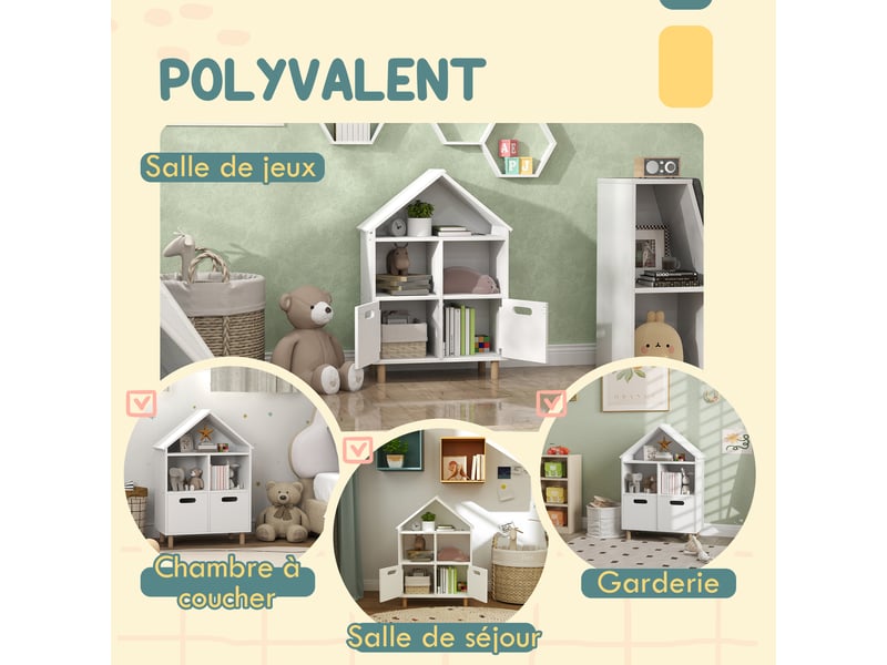  Bibliothèque enfants meuble de rangement enfants 3 niveaux avec deux tiroirs forme de maison blanc 63,7 x 29,7 x 89 cm  - Conforama R