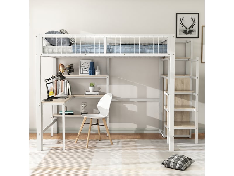  Lit mezzanine 140 × 200 cm 2 places avec bureau, étagères et armoire, sans matelas, en métal et mdf, blanc  - Conforama C