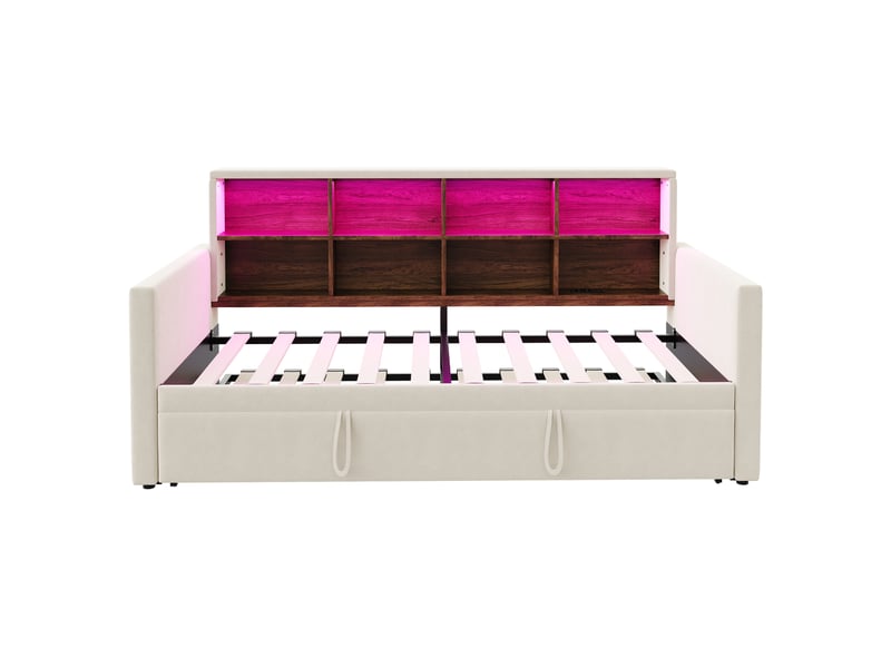  Lit canapé velours beige 90x190 cm avec lit gigogne, rangements, led et usb  - Conforama A