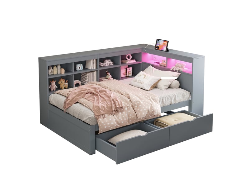  Modenvie lit banquette 90x200 cm - avec rangements, led et port usb - pour petit espace - gris  - Conforama A