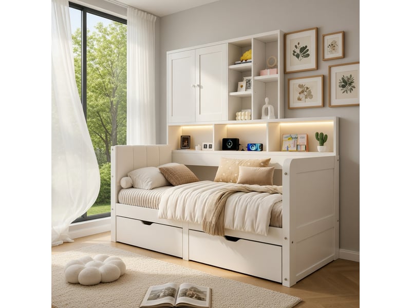Lit d'enfant 90 x 200, équipé d'un éclairage led, d'un port usb et d'un tiroir, blanc - Conforama B