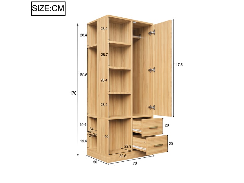  Armoire 70x50x170 cm, à 1 porte, 2 tringles et 2 tiroirs, rangements latéraux, poignées en métal, bois, couleur bois  - Conforama C