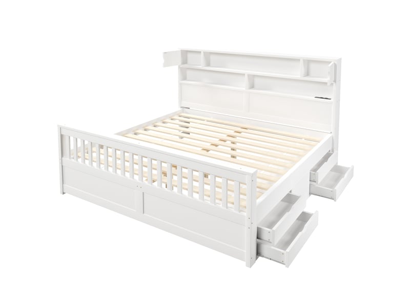  Lit blanc 180x200 cm en bois et mdf avec tête de lit bibliothèque, led, usb, rangements intégrés et quatre tiroirs  - Conforama D