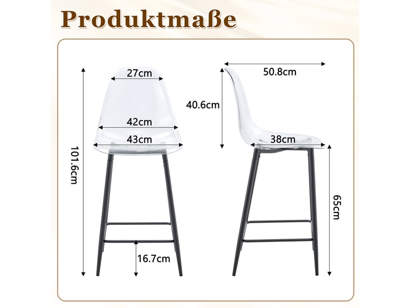  Tabourets de bar 43x50x101 cm lot de 4, transparents, chaise de bar, design moderne, cuisine, structure métal, noir  - Conforama C