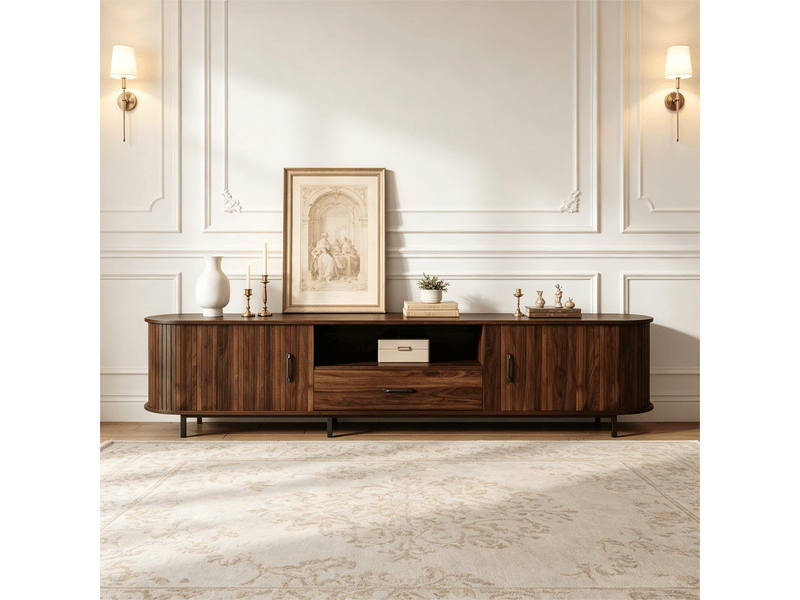  Meuble tv 180x40x45 cm, pour tv jusqu’à 75 pouces, 2 portes coulissantes, 1 tiroir, 2 niches ouvertes, mdf, noyer OMNIGLINT TRADING LTD - Conforama B