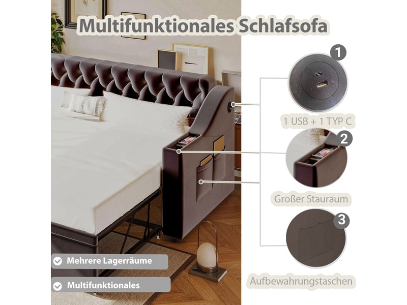  Canapé-lit capitonné 90 ou 180*190 cm avec accoudoirs larges, usb, rangements et lattes, velours gris foncé doux  - Conforama D