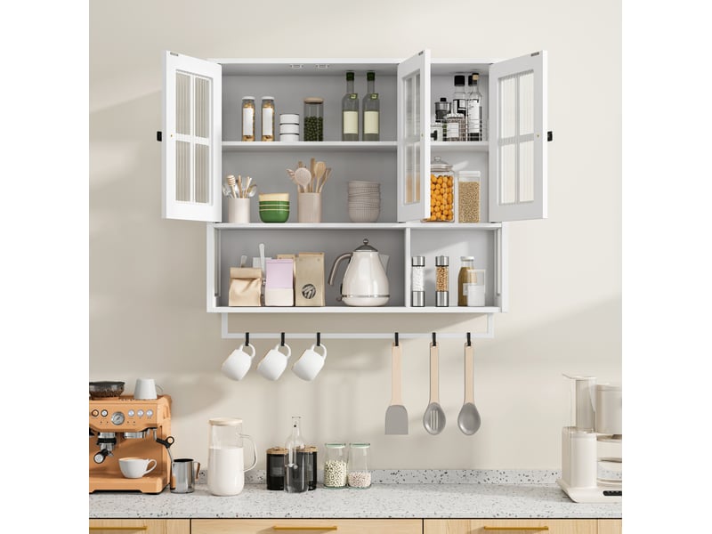  Armoire murale 88x26x82,5 cm, moderne, rangements ouverts et fermés, meuble salle de bain, en mdf, métal, blanc  - Conforama D