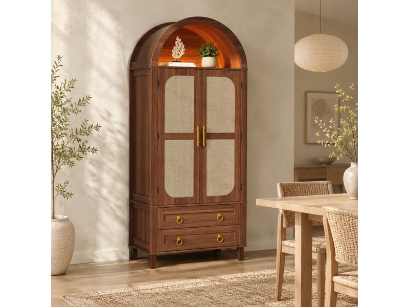 Buffet haut tcqpz 76 x 40 x 179,5 cm led réglable par application 2 portes 2 tiroirs mdf et panneaux de particules noyer - Conforama D