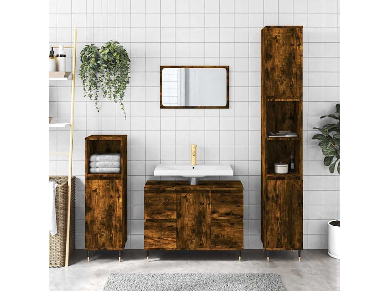  Meuble salle de bain rangement, commode chêne fumé 80x33x60cm bois d'ingénierie shl70  - Conforama B