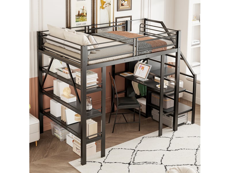 Lit mezzanine 140x200 cm avec bureau, armoire et escalier de rangement noir - Conforama E