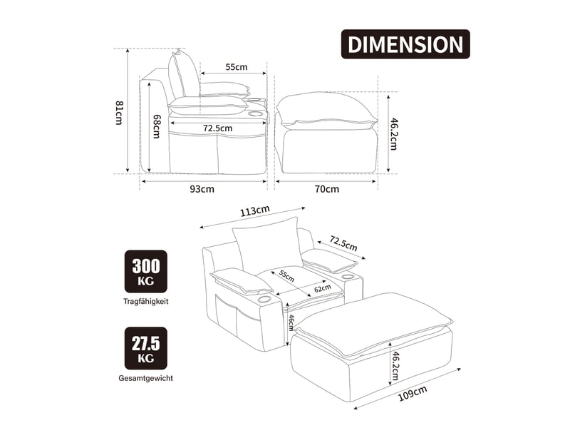  Fauteuil de relaxation convertible avec pouf ottoman 113x93x81cm -  avec 4 coussins, porte-gobelets et poches de rangement - chenille - anthracite  - Conforama C