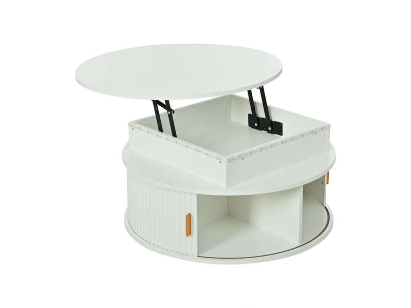  Table basse à plateau relevable, blanche, 75 x 75 x 52 cm, ronde, 2 portes coulissantes, led et rangement caché  - Conforama D
