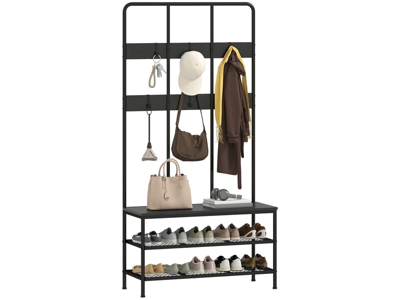  Porte-manteau 3 en 1 avec 6 crochets et banc porte-chaussures, 91 x 36 x 180 cm, noir  - Conforama A