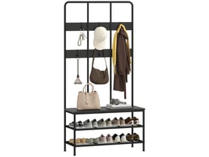 Porte-manteau 3 en 1 avec 6 crochets et banc porte-chaussures, 91 x 36 x 180 cm, noir