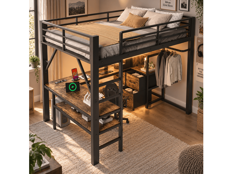  Lit mezzanine 140x200 cm avec bureau d’angle, led, marron vintage et noir  - Conforama E
