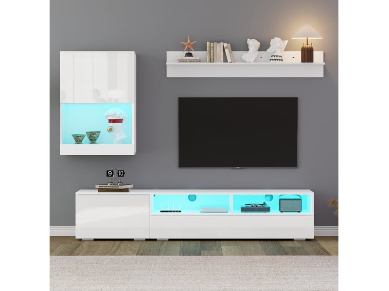  Ensemble meuble tv 3 pièces blanc avec led, pour téléviseur jusqu'à 80 pouces  - Conforama D
