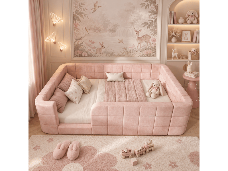  Lit enfant au sol rembourré 140 x 190 cm avec barrière périphérique et entrée basse, sommier à lattes inclus, en tissu chenille rose, sans matelas  - Conforama C
