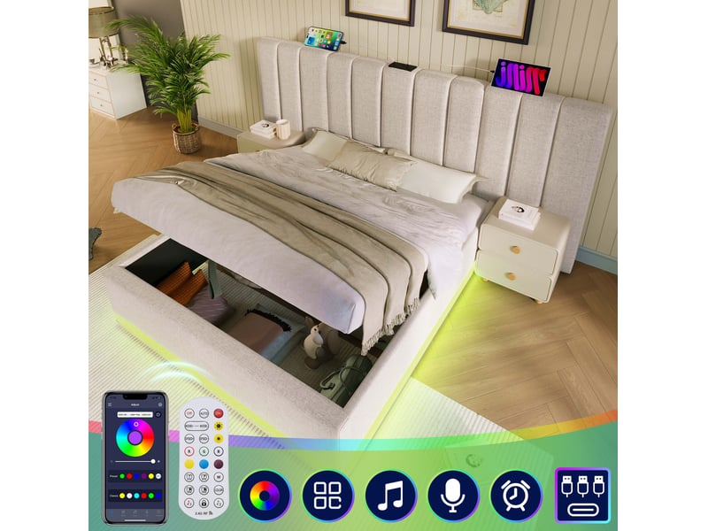  Lit double coffre 160 x 200 cm beige avec led, usb et usb-c  - Conforama B