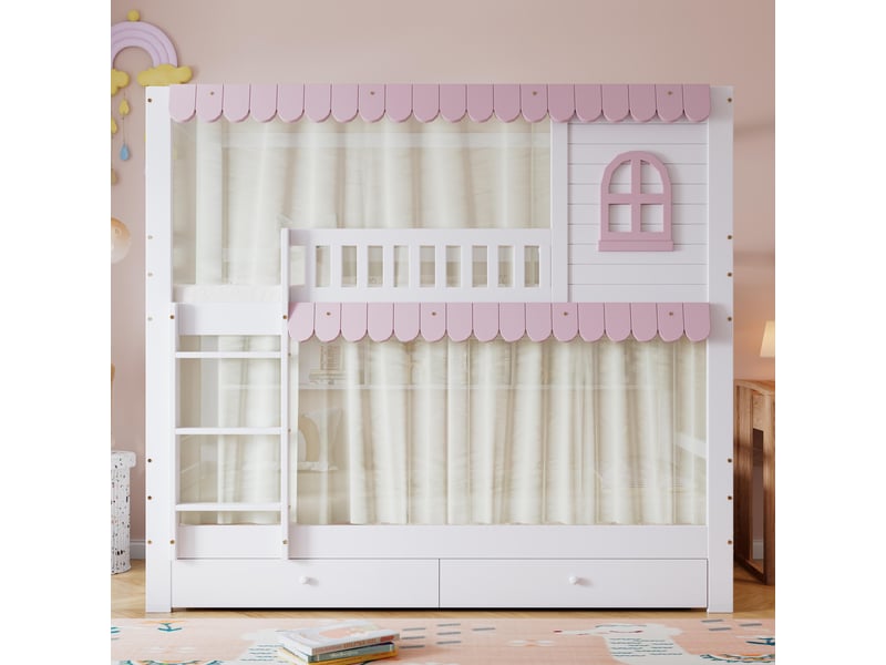  Lit superposé 90x200 cm, lit enfant avec fenêtres et rideaux de jeu, en bois de pin et mdf avec 2 tiroirs de rangement et étagères, blanc et rose  - Conforama C