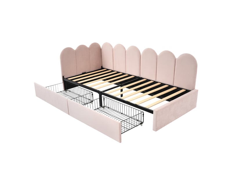  Lit banquette 90x190 cm velours rose avec tiroirs de rangement - canapé lit capitonné avec sommier  - Conforama A