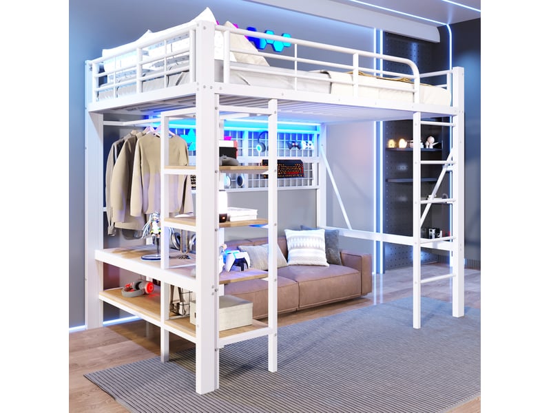 Modenvie lit mezzanine 140x200 cm - avec éclairage led, rangement intégré, sans matelas - blanc - Conforama D
