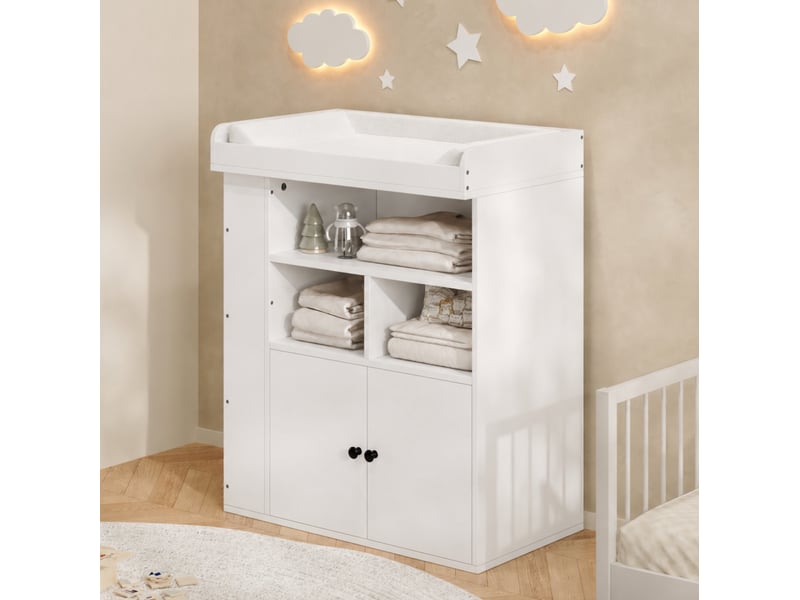  Table à langer bébé 2-en-1 82x50x100 cm, meuble de rangement, barrière amovible, deux portes, mdf blanc  - Conforama E