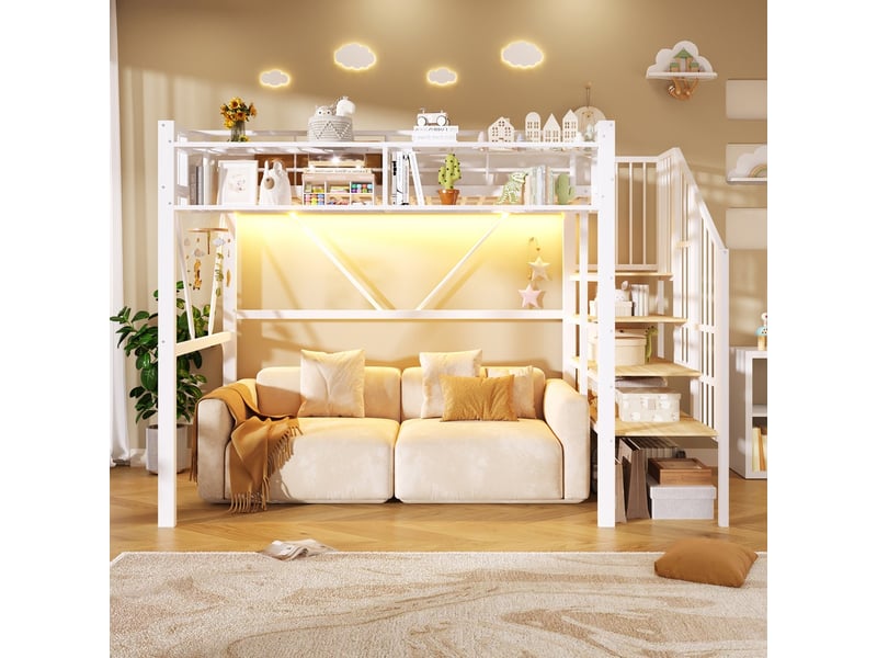  Lit mezzanine 90x200cm en métal avec étagère échelle éléments grille panier rangement ouvert sous le lit bande led sans matelas blanc  - Conforama D