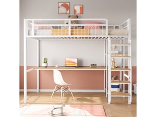 Lit mezzanine 90x200 cm en métal avec bureau, étagères, échelle et barrières de sécurité, blanc