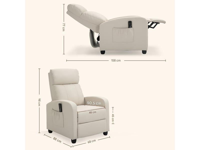  Fauteuil de relaxation massant inclinable en synthétique pu crème 68x88x98 cm  - Conforama C