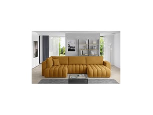 Canapé d'angle droit fixe <strong></strong> <strong></strong> 6 places Polyester jaune avec coffre de rangement