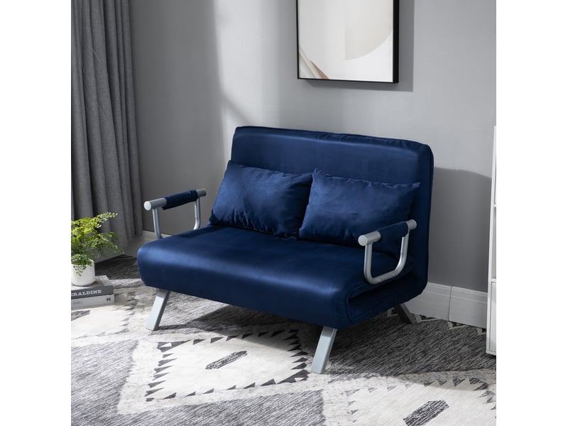  Canapé-lit 2 places 111x80x78 cm, accoudoirs et pieds en métal, dossier réglable 5 positions, revêtement bleu  - Conforama B