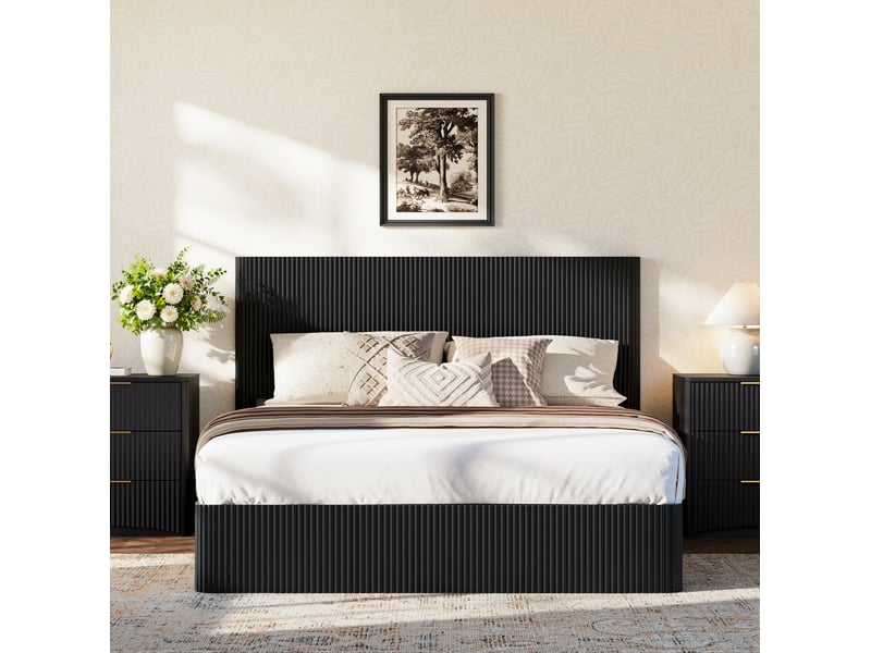  Lit coffre adulte 160x200 cm en mdf noir à relevage hydraulique et tête de lit rainurée  - Conforama D