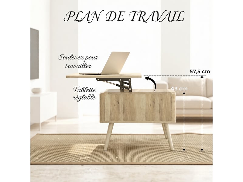  Table basse à plateau relevable avec compartiments de rangement cachés, table de salon moderne couleur chêne, 91x56 cm  - Conforama R