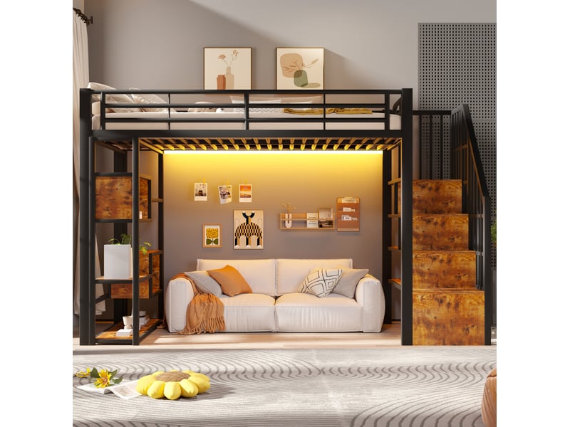  Lit mezzanine enfant 90x200 cm avec rangements et led, noir  - Conforama E