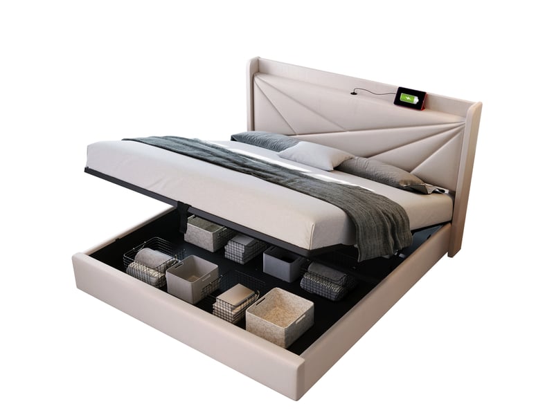  Lit avec rangement 180x200 cm, ports usb et usb-c, sommier à lattes, structure en tissu coton-lin, pour chambre enfant - beige  - Conforama A