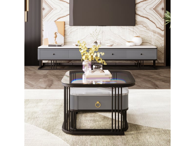 Table basse empilable – effet marbre brillant, plateau verre, pieds noirs, tiroirs – set de 2 - Conforama E
