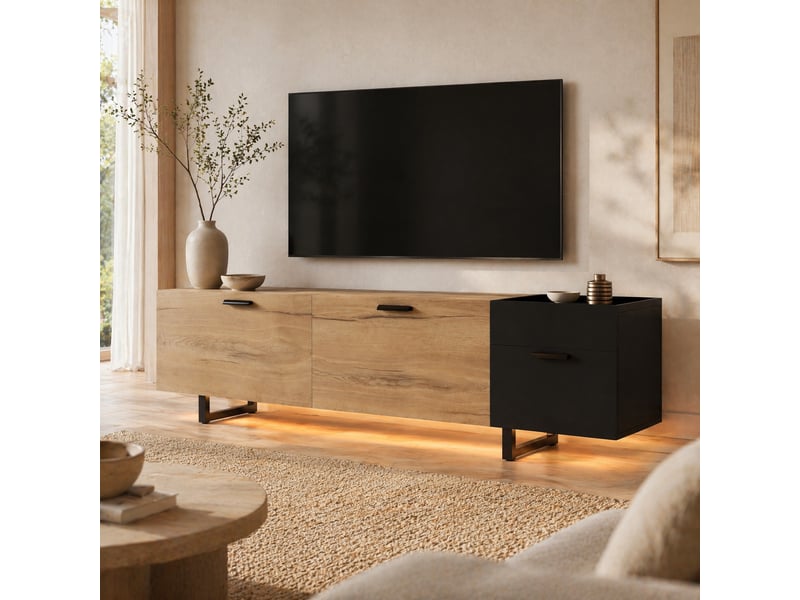  Meuble tv 180 x 38 x 49 cm avec tiroirs, led intégrée, noir et décor bois  - Conforama B