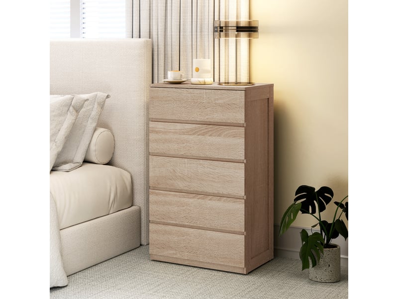  Commode en bois à 5 tiroirs avec glissières métalliques et poignées rainurées, 60 x 39 x 100 cm, couleur hêtre  - Conforama D