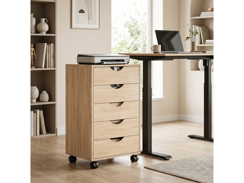  Caisson bureau mobile, meuble rangement sur roulettes avec 5 tiroirs, bois, 40 x 40 x 67 cm, chêne  - Conforama C