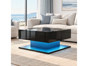 Table basse relevable 72x72 cm noire brillante avec led et 2 tiroirs
