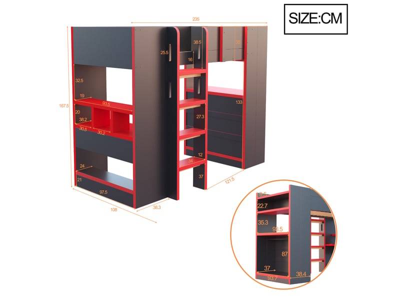  Lit mezzanine 90x200 cm avec bureau, led et prises, noir et rouge  - Conforama C